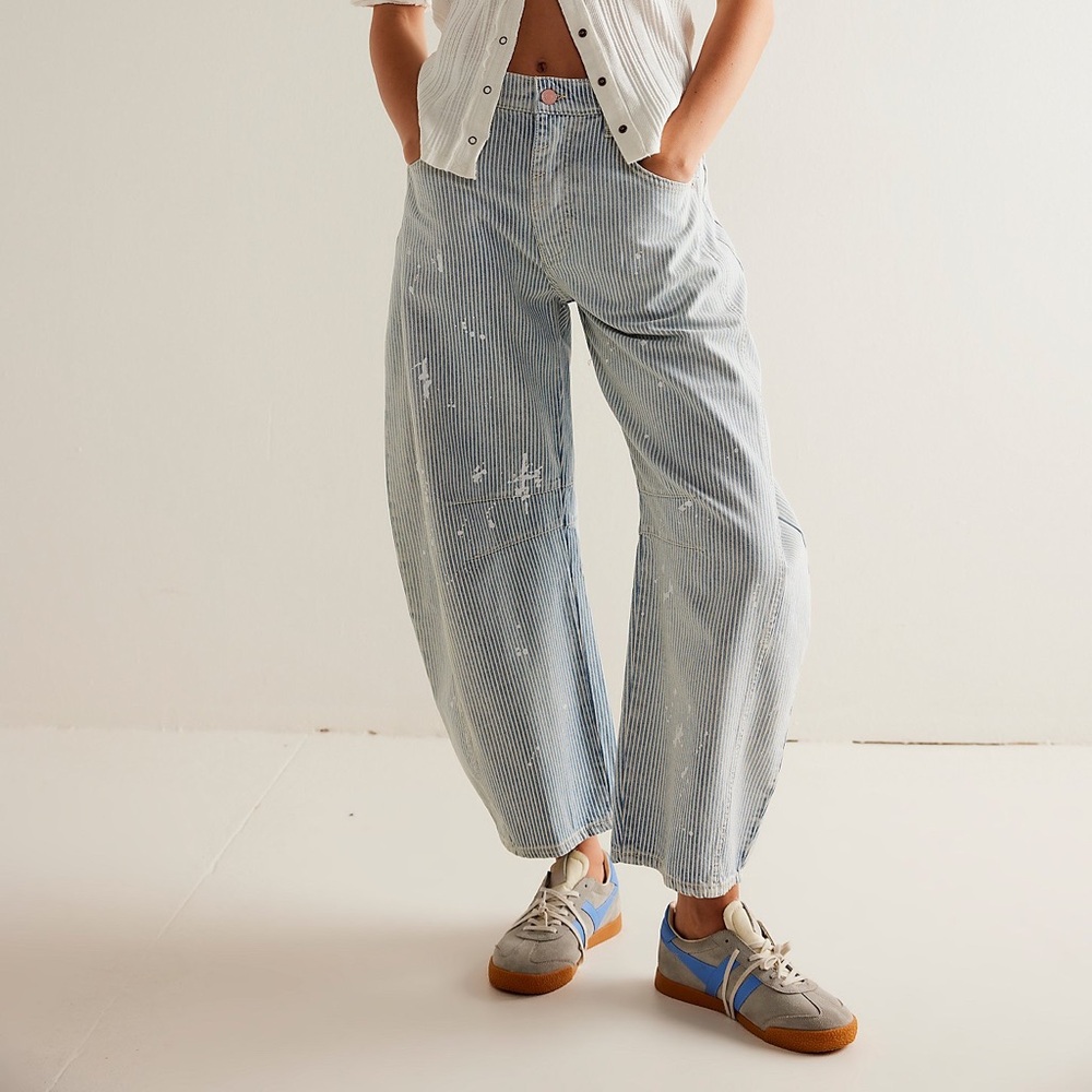 We The Free Good Luck Mid-Rise Stripe Barrel Jeans